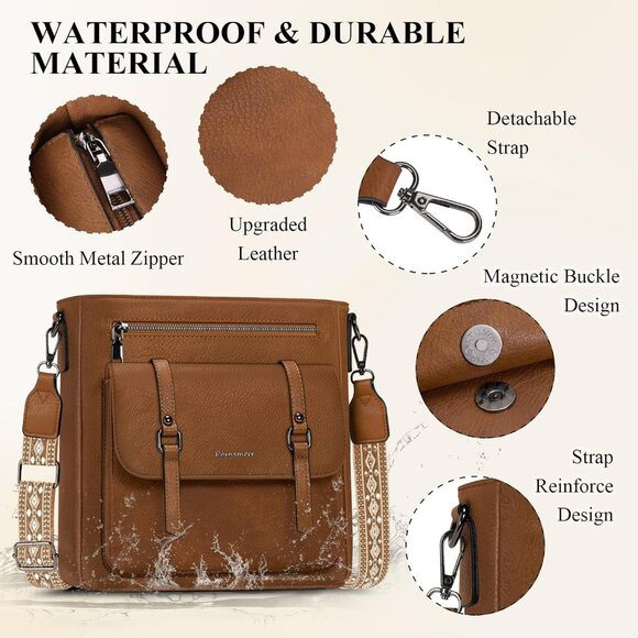 Women’s Brown Waterproof Crossbody Shoulder Leather bags - Picture 4 of 6